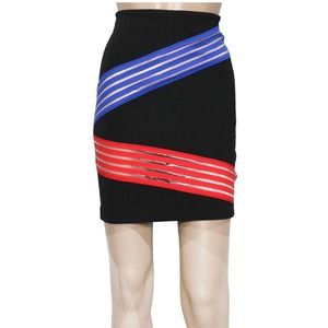 💓NWOT Christopher Kane Black Stretch Skirt With Red, Blue & Mesh Stripes - XS